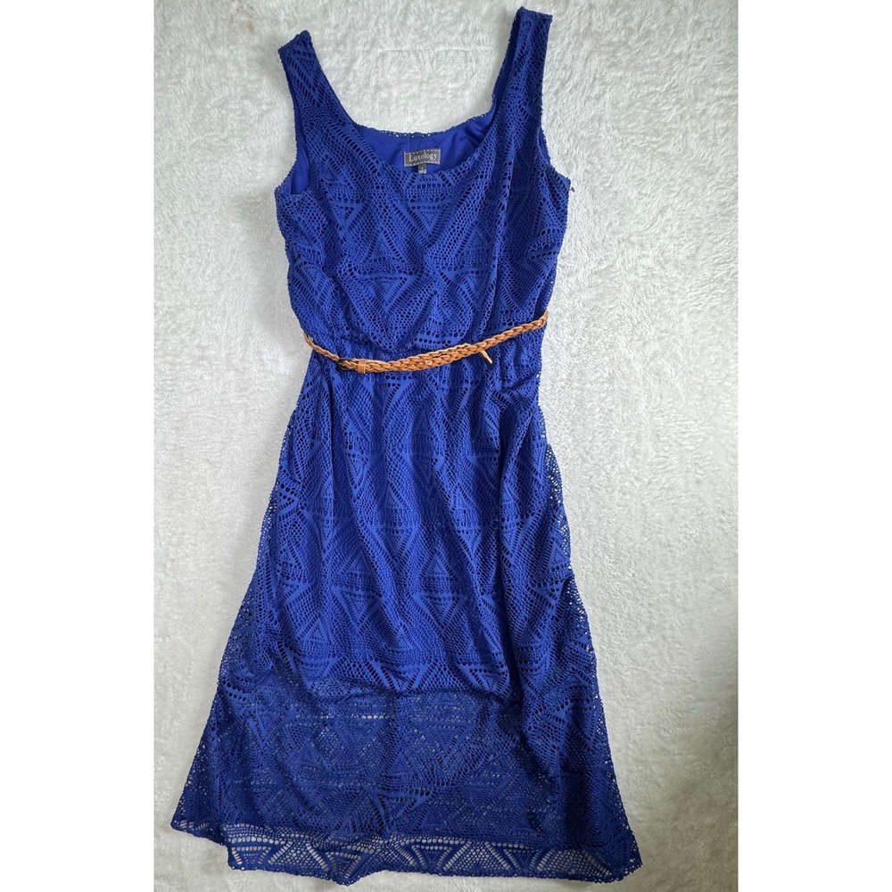 Luxology Large Blue Boho Crochet Dress Women Geometric Belted